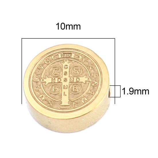 Image de Perles Religieux en 304 Acier Inoxydable Plat-Rond Doré Jésus env. 10mm Dia., Trou: env. 1.9mm, 2 Pcs