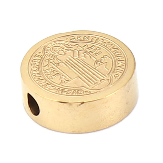 Image de Perles Religieux en 304 Acier Inoxydable Plat-Rond Doré Jésus env. 10mm Dia., Trou: env. 1.9mm, 2 Pcs