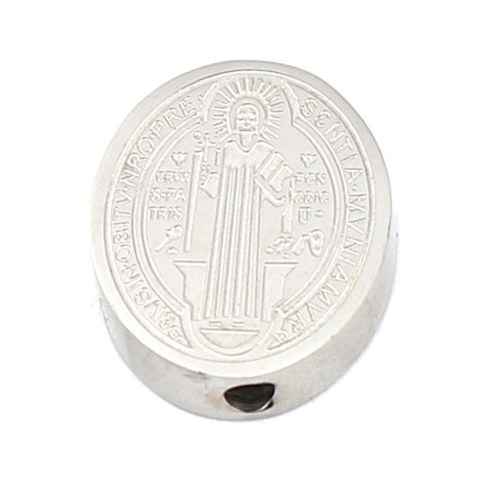 Image de Perles Religieux en 304 Acier Inoxydable Plat-Rond Argent Mat Jésus 15mm x 12mm, Trou: env. 1.9mm, 2 Pcs