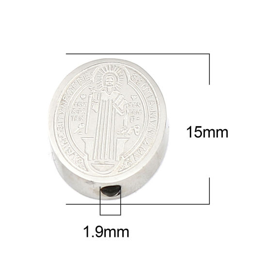 Image de Perles Religieux en 304 Acier Inoxydable Plat-Rond Argent Mat Jésus 15mm x 12mm, Trou: env. 1.9mm, 2 Pcs