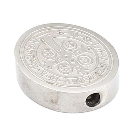 Image de Perles Religieux en 304 Acier Inoxydable Plat-Rond Argent Mat Jésus 15mm x 12mm, Trou: env. 1.9mm, 2 Pcs