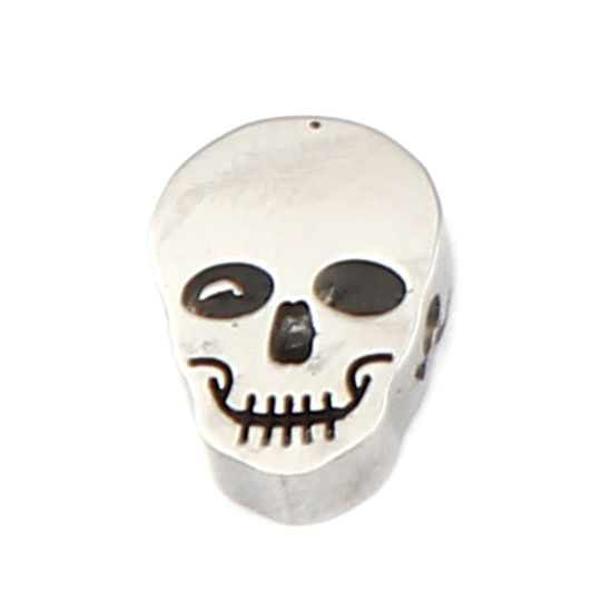 Image de Perles Halloween en 304 Acier Inoxydable Tête de Mort Argent Mat 10mm x 7mm, Trou: env. 1.9mm, 3 Pcs