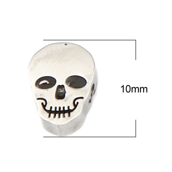 Image de Perles Halloween en 304 Acier Inoxydable Tête de Mort Argent Mat 10mm x 7mm, Trou: env. 1.9mm, 3 Pcs