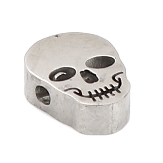 Image de Perles Halloween en 304 Acier Inoxydable Tête de Mort Argent Mat 10mm x 7mm, Trou: env. 1.9mm, 3 Pcs