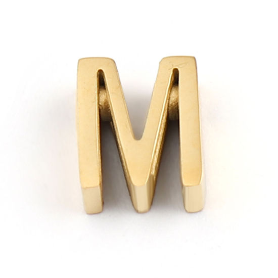 Image de Perles en 304 Acier Inoxydable Lettre Doré Message " M" 8mm x 6mm, Trou: env. 1.5mm, 2 Pcs
