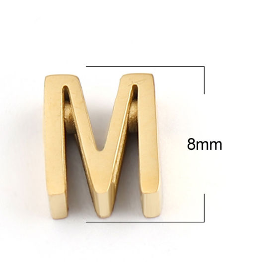 Image de Perles en 304 Acier Inoxydable Lettre Doré Message " M" 8mm x 6mm, Trou: env. 1.5mm, 2 Pcs