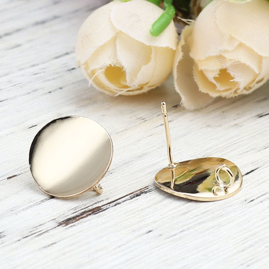 Image de Boucles d'Oreilles Puces en Alliage de Zinc Rond Plaqué Or Véritable avec Boucle 15mm Dia, Epaisseur de Fil: (21 gauge), 2 Paires