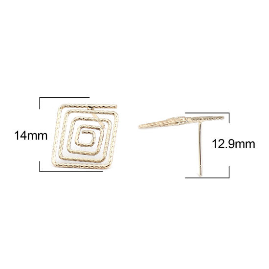 Image de Boucles d'Oreilles Puces en Alliage de Zinc Géométrique Plaqué Or Véritable avec Boucle 14mm x 14mm, Epaisseur de Fil: (21 gauge), 2 Paires