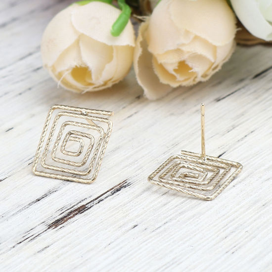 Image de Boucles d'Oreilles Puces en Alliage de Zinc Géométrique Plaqué Or Véritable avec Boucle 14mm x 14mm, Epaisseur de Fil: (21 gauge), 2 Paires