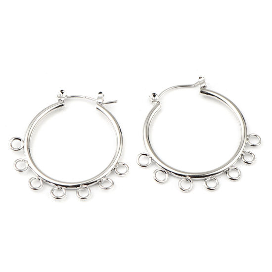 Picture of Zinc Based Alloy Hoop Earrings Findings Circle Ring Silver Tone W/ Loop 37mm x 37mm, Post/ Wire Size: (21 gauge), 1 Pair