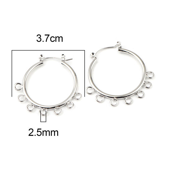 Picture of Zinc Based Alloy Hoop Earrings Findings Circle Ring Silver Tone W/ Loop 37mm x 37mm, Post/ Wire Size: (21 gauge), 1 Pair