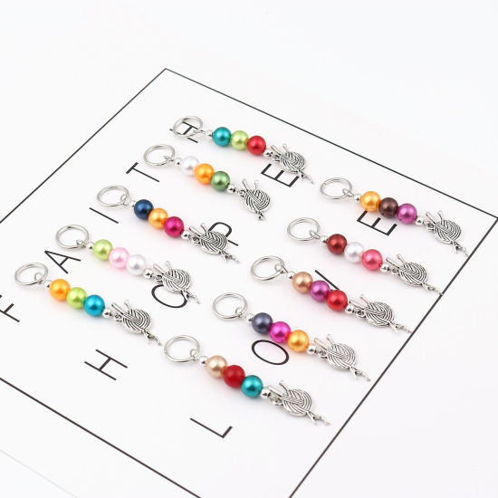Image de Marqueur de Maille en Alliage de Zinc+Acrylique Pelote de Laine Argent Vieilli Couleur au Hasard 67mm x 22mm, 10 Pcs