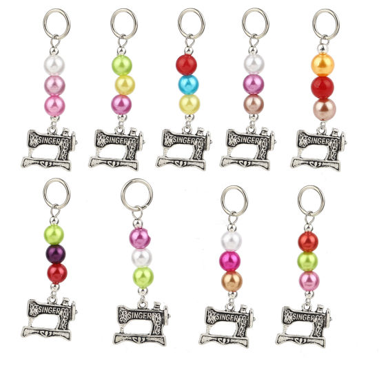 Image de Marqueur de Maille en Alliage de Zinc+Acrylique Machine à Couture Argent Vieilli Couleur au Hasard 63mm x 20mm, 10 Pcs