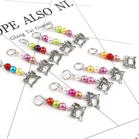 Image de Marqueur de Maille en Alliage de Zinc+Acrylique Machine à Couture Argent Vieilli Couleur au Hasard 63mm x 20mm, 10 Pcs