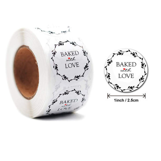 Image de Blanc - Baked With Love Autocollant d'étiquette décoration emballage de cuisson en papier 2,5 cm Dia., 1 Rouleau (500 PCs / Rouleau)