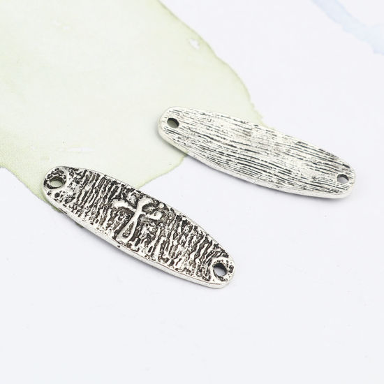 Image de Connecteurs Religieux Maya en Alliage de Zinc Ovale Argent Vieilli Croix 33mm x 11mm, 10 Pcs