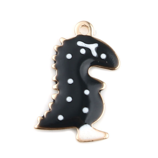 Bild von Messing Emaillierte Pailletten Charms Dinosaurier Vergoldet Schwarz Doppelseitig 15mm x 9mm, 5 Stück