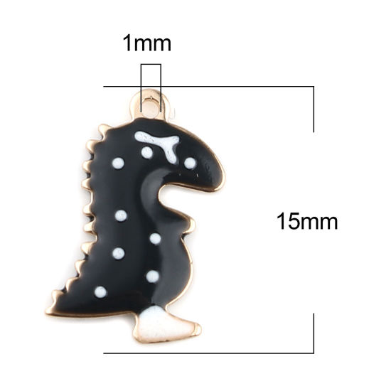 Bild von Messing Emaillierte Pailletten Charms Dinosaurier Vergoldet Schwarz Doppelseitig 15mm x 9mm, 5 Stück