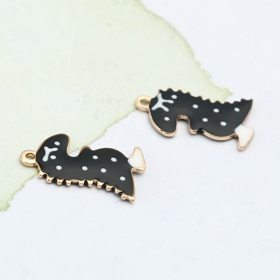 Bild von Messing Emaillierte Pailletten Charms Dinosaurier Vergoldet Schwarz Doppelseitig 15mm x 9mm, 5 Stück