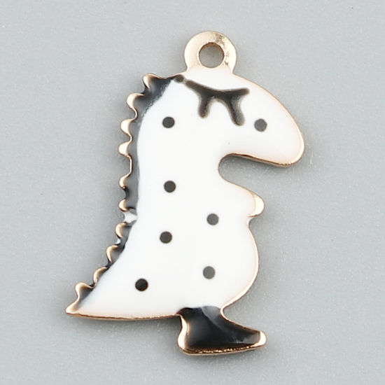 Bild von Messing Emaillierte Pailletten Charms Dinosaurier Vergoldet Weiß Doppelseitig 15mm x 9mm, 5 Stück