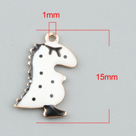 Bild von Messing Emaillierte Pailletten Charms Dinosaurier Vergoldet Weiß Doppelseitig 15mm x 9mm, 5 Stück