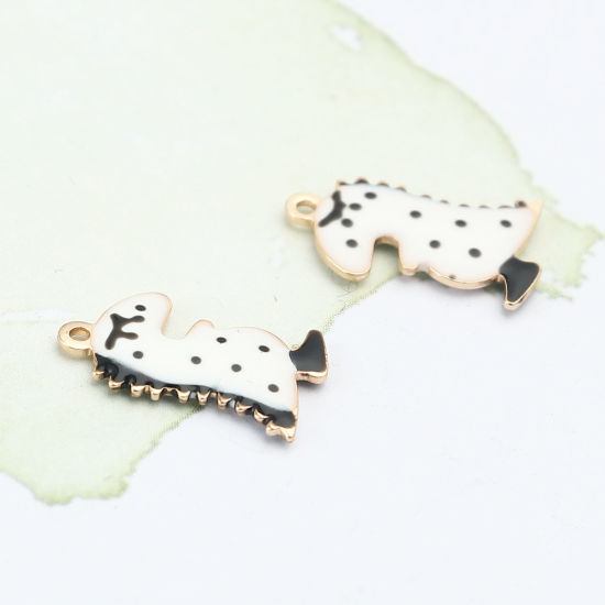 Bild von Messing Emaillierte Pailletten Charms Dinosaurier Vergoldet Weiß Doppelseitig 15mm x 9mm, 5 Stück