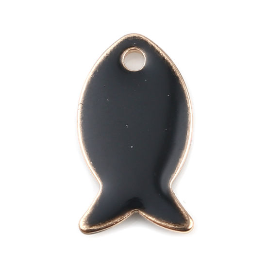 Image de Breloques Sequins Emaillés Double Face en Laiton Poisson Doré Noir 14mm x 8mm, 10 Pcs