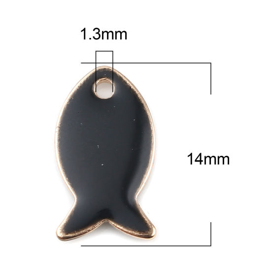 Image de Breloques Sequins Emaillés Double Face en Laiton Poisson Doré Noir 14mm x 8mm, 10 Pcs
