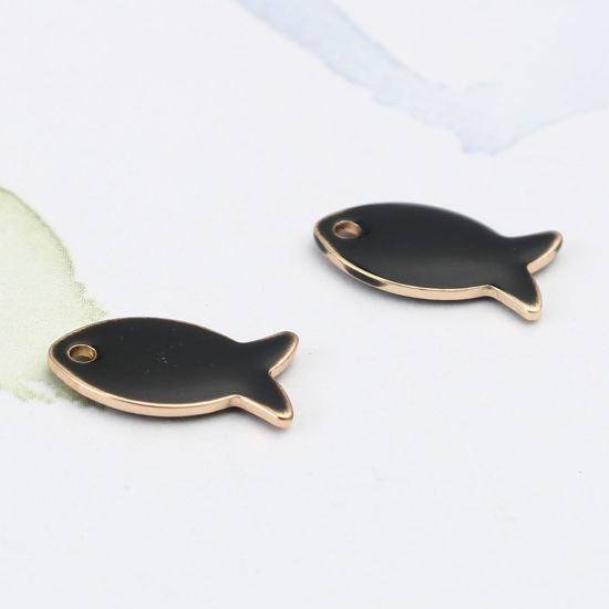 Image de Breloques Sequins Emaillés Double Face en Laiton Poisson Doré Noir 14mm x 8mm, 10 Pcs