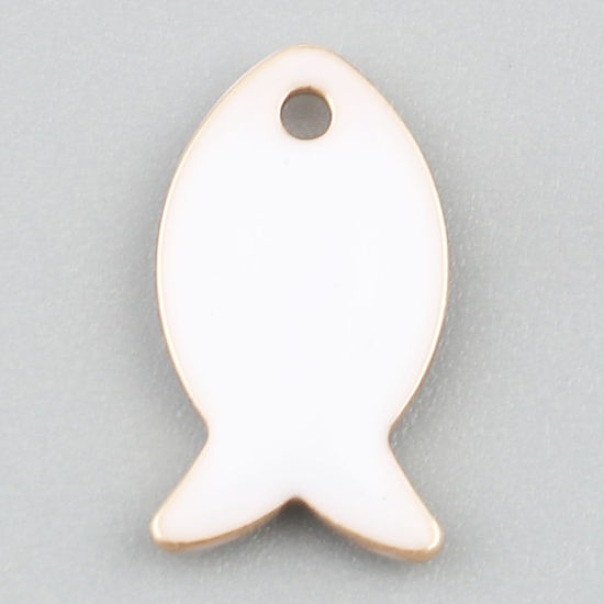 Image de Breloques Sequins Emaillés Double Face en Laiton Poisson Doré Blanc 14mm x 8mm, 10 Pcs