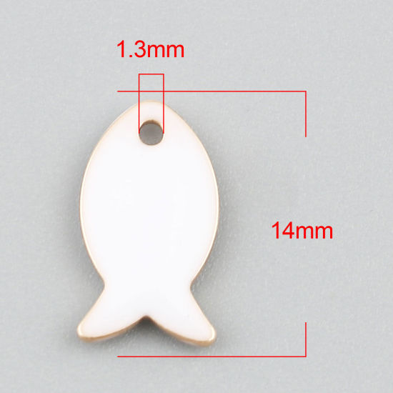Image de Breloques Sequins Emaillés Double Face en Laiton Poisson Doré Blanc 14mm x 8mm, 10 Pcs