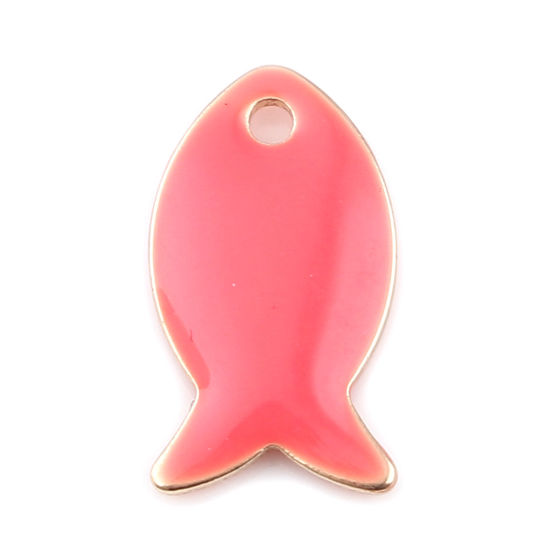 Image de Breloques Sequins Emaillés Double Face en Laiton Poisson Doré Rose Pêche 14mm x 8mm, 10 Pcs