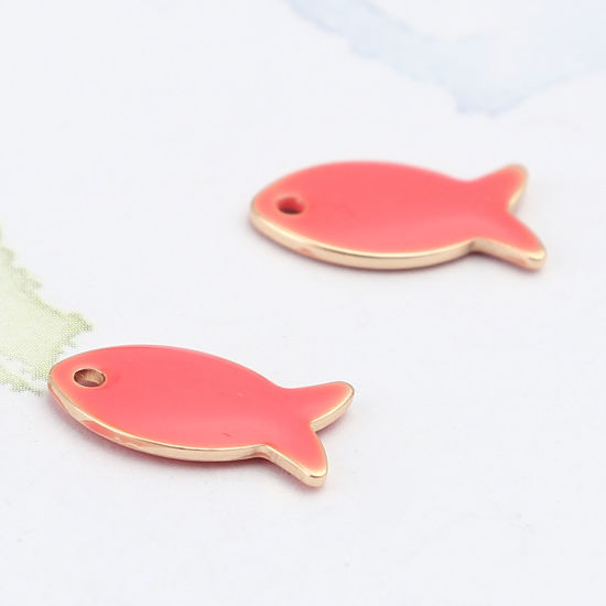 Image de Breloques Sequins Emaillés Double Face en Laiton Poisson Doré Rose Pêche 14mm x 8mm, 10 Pcs