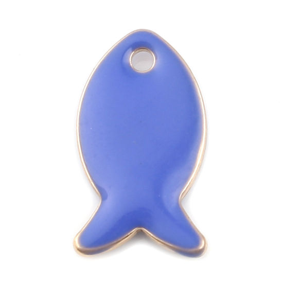Image de Breloques Sequins Emaillés Double Face en Laiton Poisson Doré Saphir 14mm x 8mm, 10 Pcs