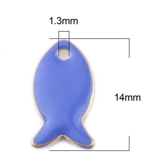 Image de Breloques Sequins Emaillés Double Face en Laiton Poisson Doré Saphir 14mm x 8mm, 10 Pcs