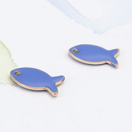 Image de Breloques Sequins Emaillés Double Face en Laiton Poisson Doré Saphir 14mm x 8mm, 10 Pcs