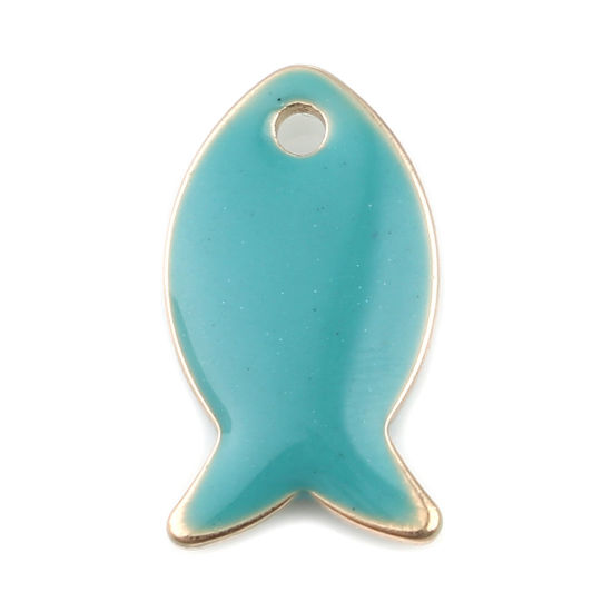 Image de Breloques Sequins Emaillés Double Face en Laiton Poisson Doré Bleu Lac 14mm x 8mm, 10 Pcs