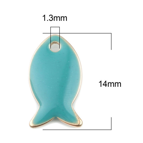 Image de Breloques Sequins Emaillés Double Face en Laiton Poisson Doré Bleu Lac 14mm x 8mm, 10 Pcs