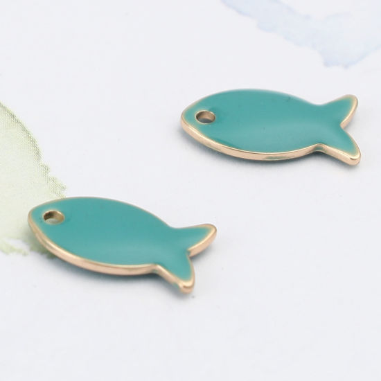 Image de Breloques Sequins Emaillés Double Face en Laiton Poisson Doré Bleu Lac 14mm x 8mm, 10 Pcs