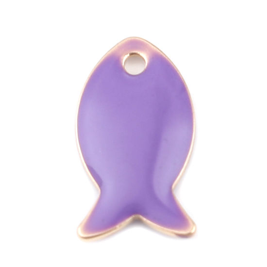 Image de Breloques Sequins Emaillés Double Face en Laiton Poisson Doré Bleu Violet 14mm x 8mm, 10 Pcs