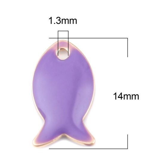 Image de Breloques Sequins Emaillés Double Face en Laiton Poisson Doré Bleu Violet 14mm x 8mm, 10 Pcs