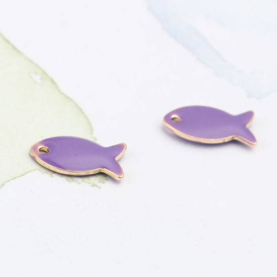 Image de Breloques Sequins Emaillés Double Face en Laiton Poisson Doré Bleu Violet 14mm x 8mm, 10 Pcs