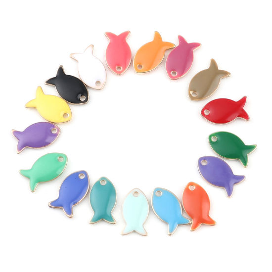 Image de Breloques Sequins Emaillés Double Face en Laiton Poisson Doré Bleu Violet 14mm x 8mm, 10 Pcs