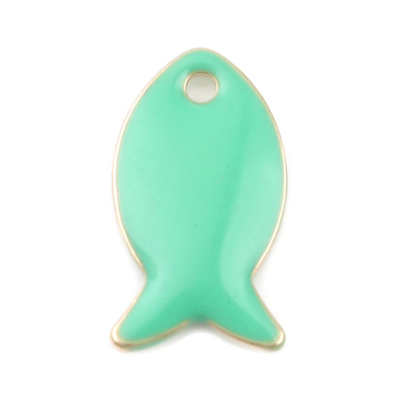 Image de Breloques Sequins Emaillés Double Face en Laiton Poisson Doré Vert Clair 14mm x 8mm, 10 Pcs