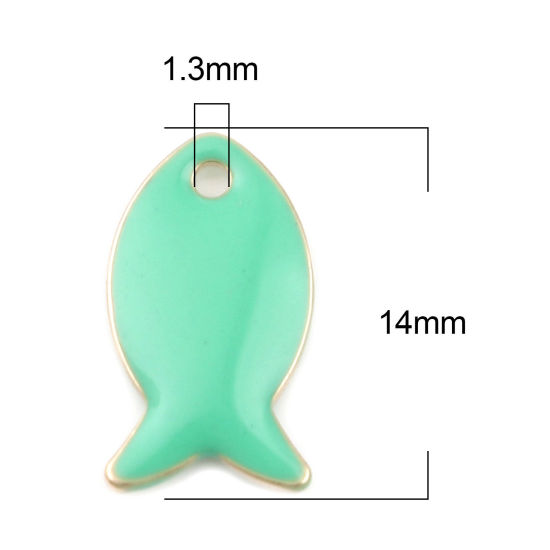Image de Breloques Sequins Emaillés Double Face en Laiton Poisson Doré Vert Clair 14mm x 8mm, 10 Pcs