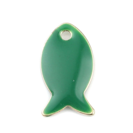 Image de Breloques Sequins Emaillés Double Face en Laiton Poisson Doré Vert Foncé 14mm x 8mm, 10 Pcs