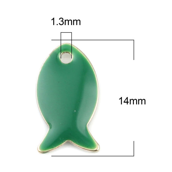 Image de Breloques Sequins Emaillés Double Face en Laiton Poisson Doré Vert Foncé 14mm x 8mm, 10 Pcs