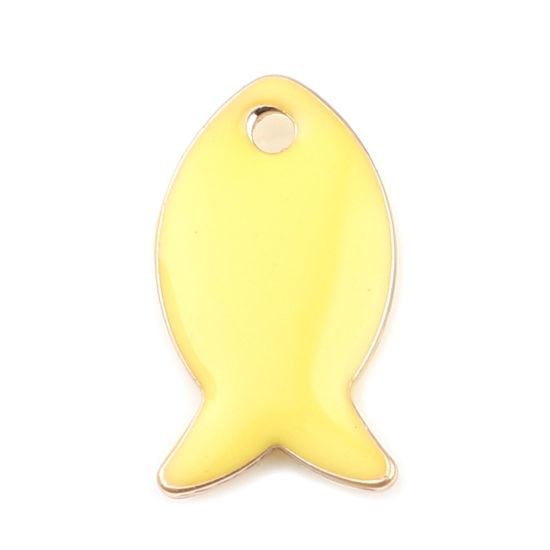 Image de Breloques Sequins Emaillés Double Face en Laiton Poisson Doré Citron 14mm x 8mm, 10 Pcs