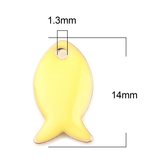 Image de Breloques Sequins Emaillés Double Face en Laiton Poisson Doré Citron 14mm x 8mm, 10 Pcs