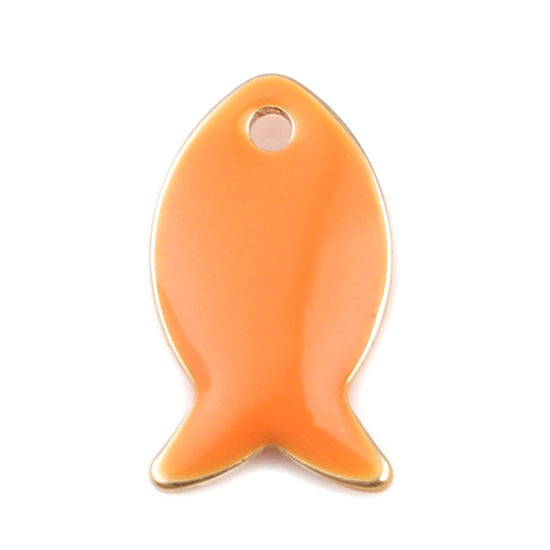 Image de Breloques Sequins Emaillés Double Face en Laiton Poisson Doré Orange 14mm x 8mm, 10 Pcs